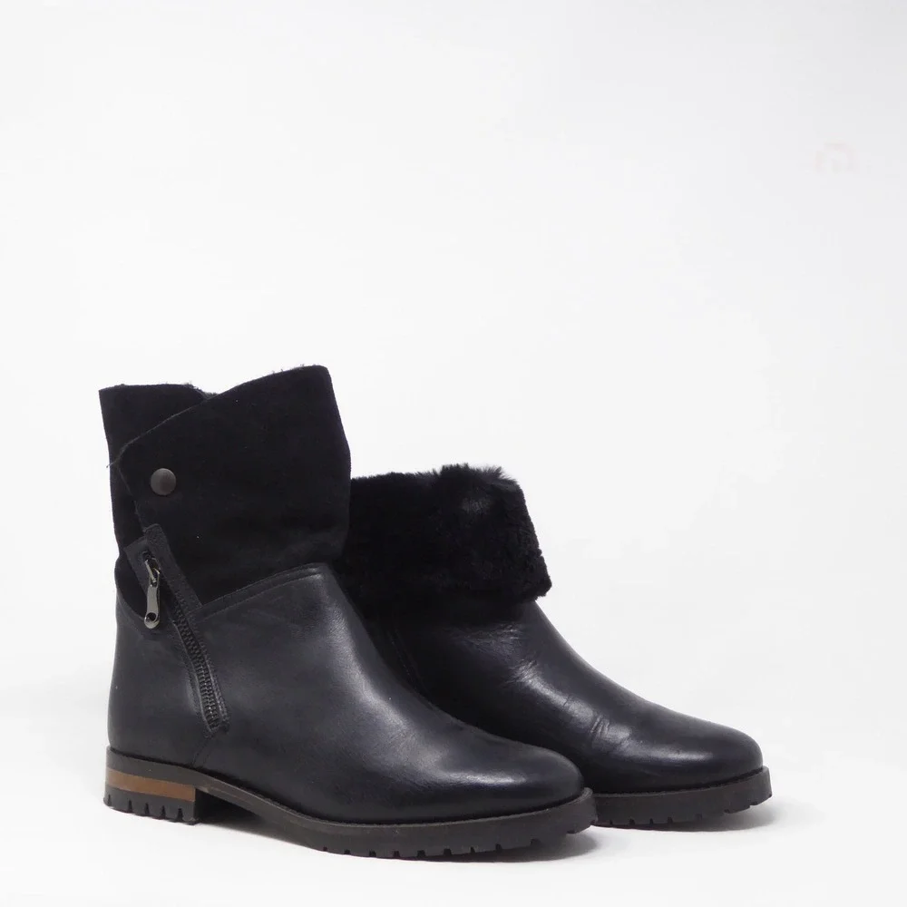 Fabianelli Women Ankle Boots Black Leather Shearling Trim Made in Italy 38 / 7.5
